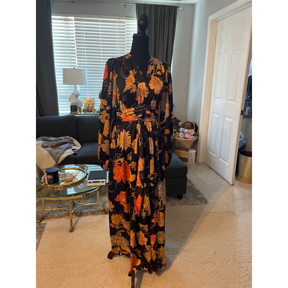 Pinch Floral Maxi Dress Size M Balloon Sleeve Tie Waist Split Multicolor Boho - Picture 2 of 7